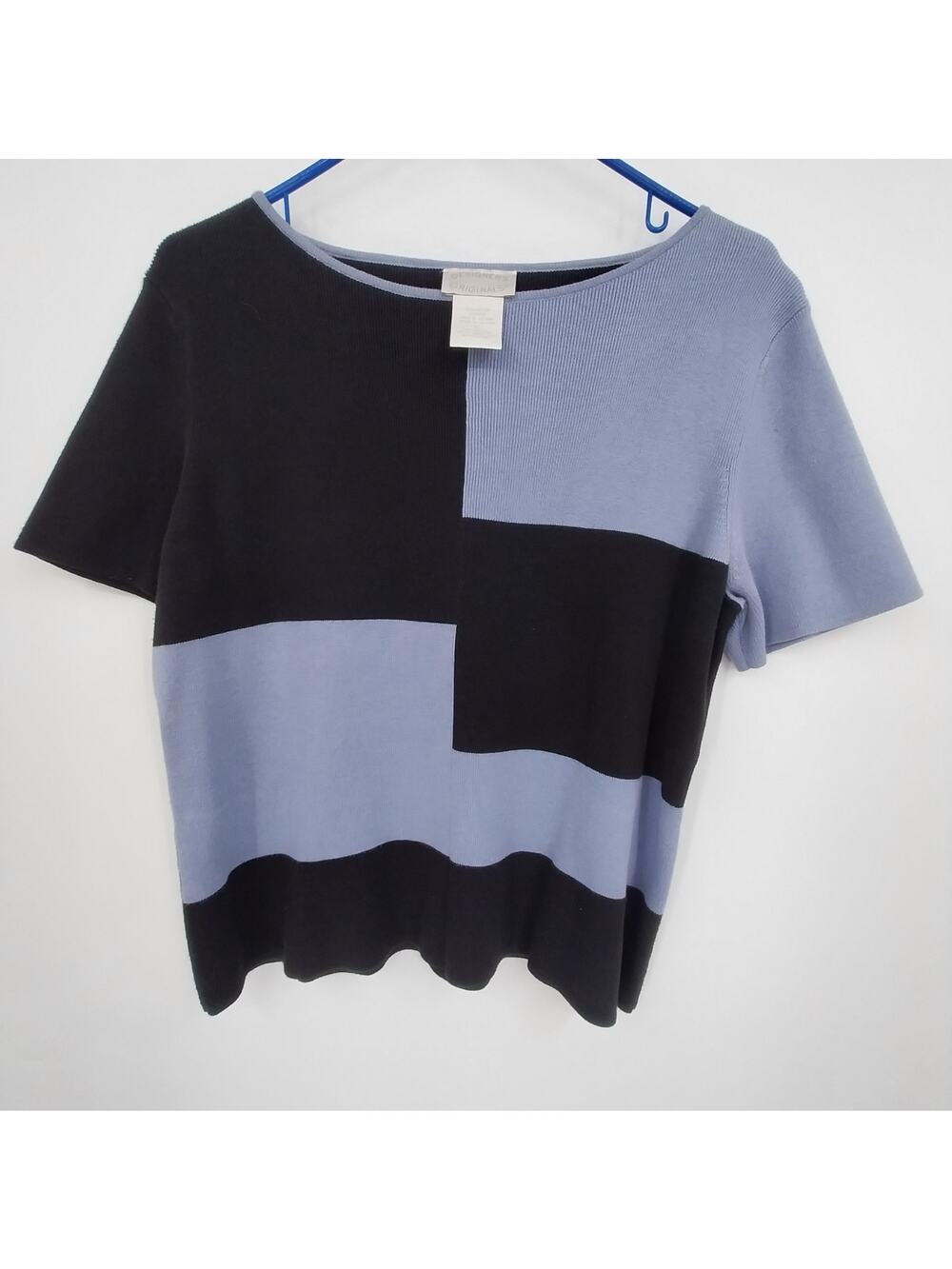 Designers Originals Color Block Top Women XL Black Blue Short Sleeve Cotton